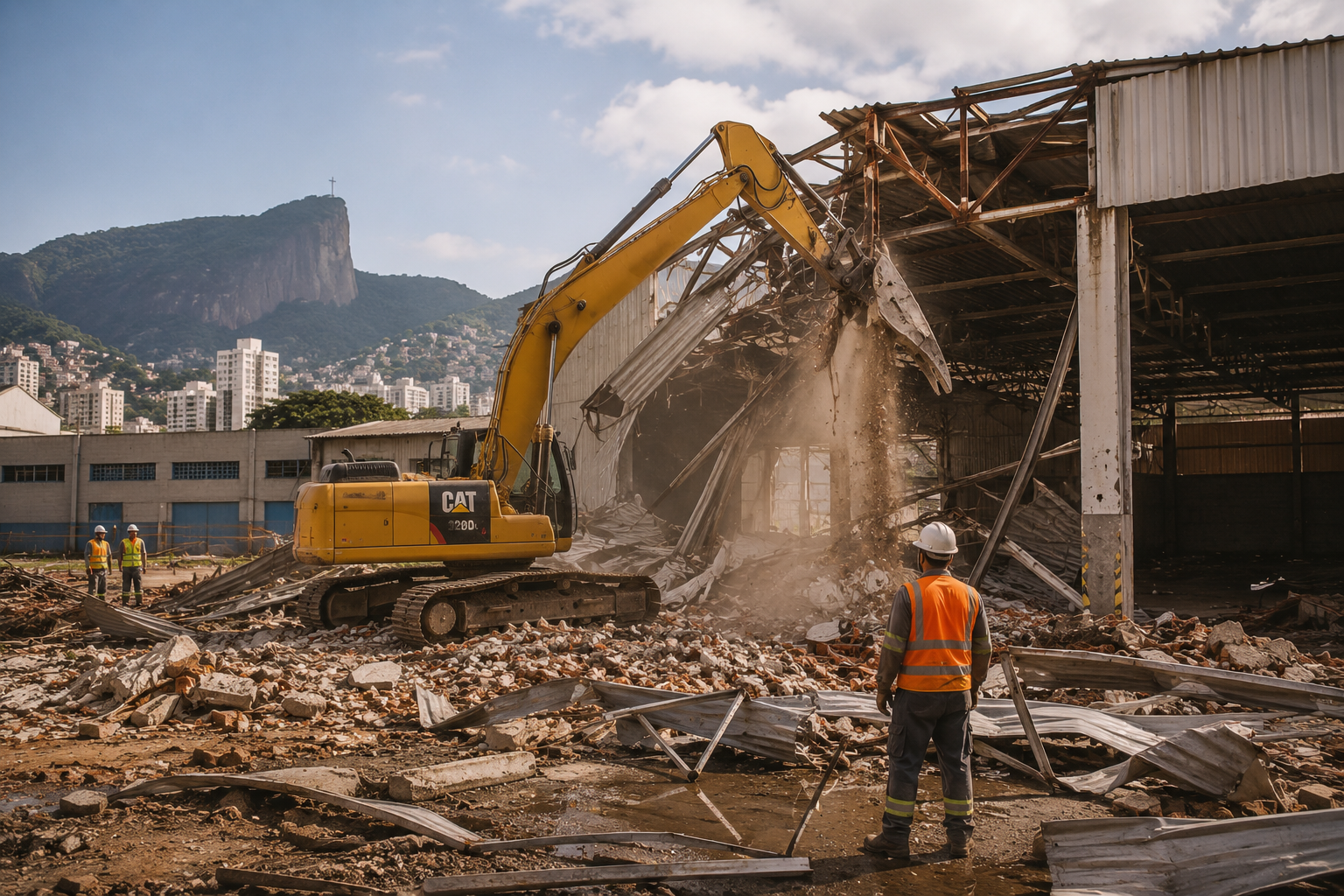 Demolição de galpão com estrutura metálica e telhas