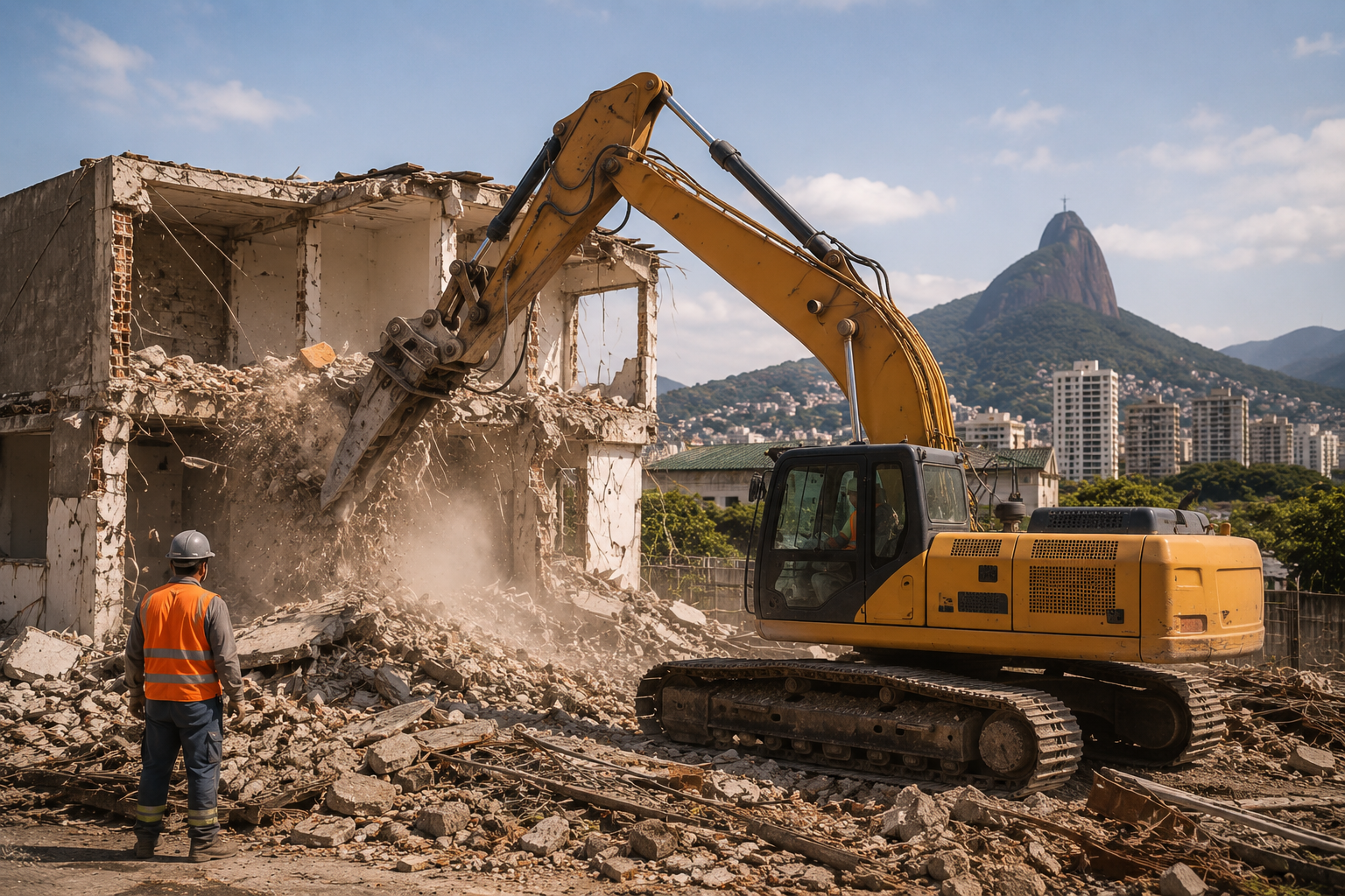 Escavadeira com tesoura hidráulica em demolição mecanizada