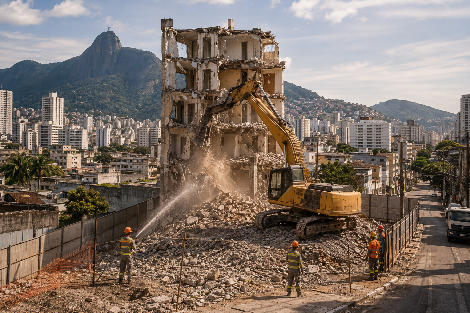 Demolição mecanizada de edifício de vários pavimentos no Rio de Janeiro, com controle de poeira por aspersão de água